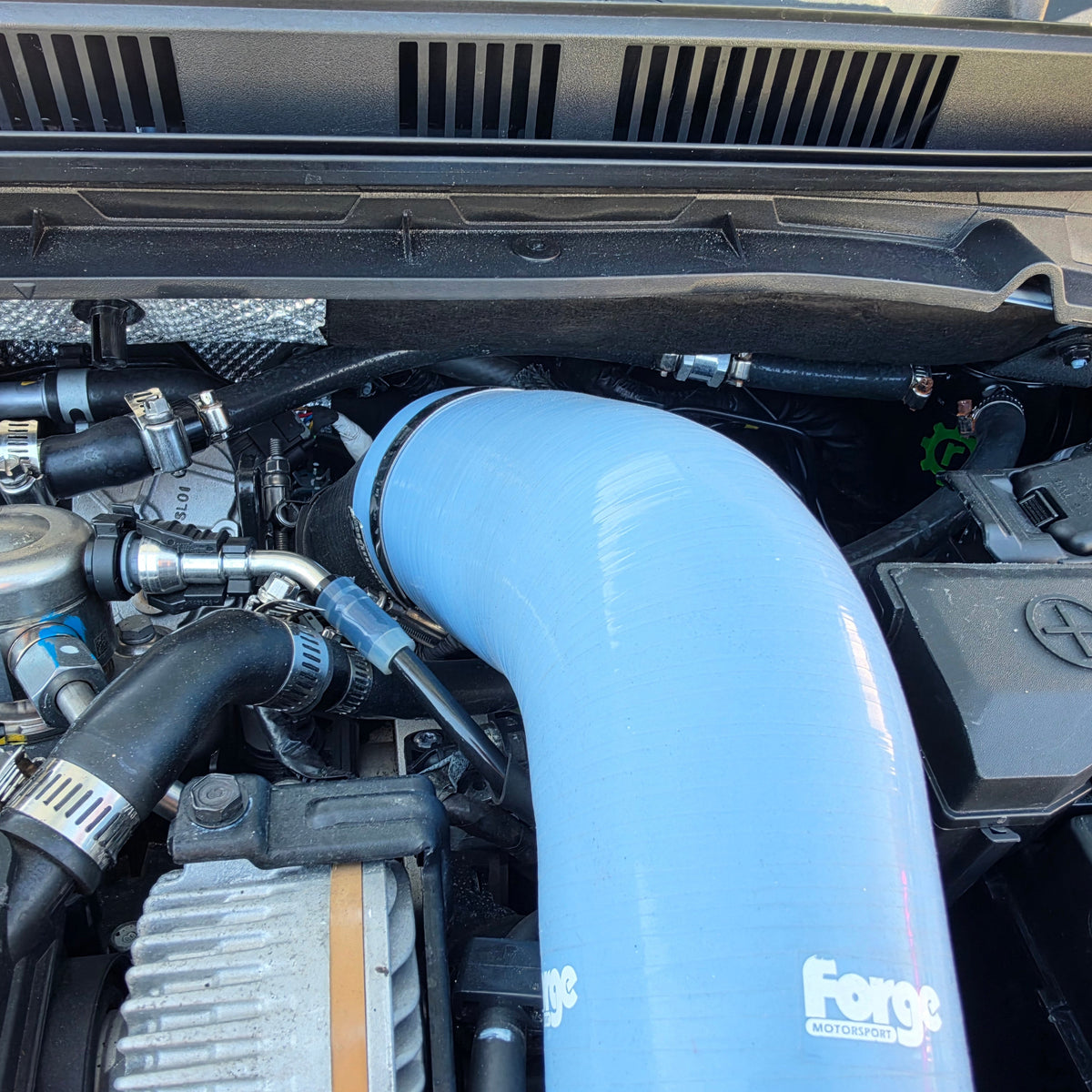 Hyundai i20N engine bay with the Radecals catch can kit installed